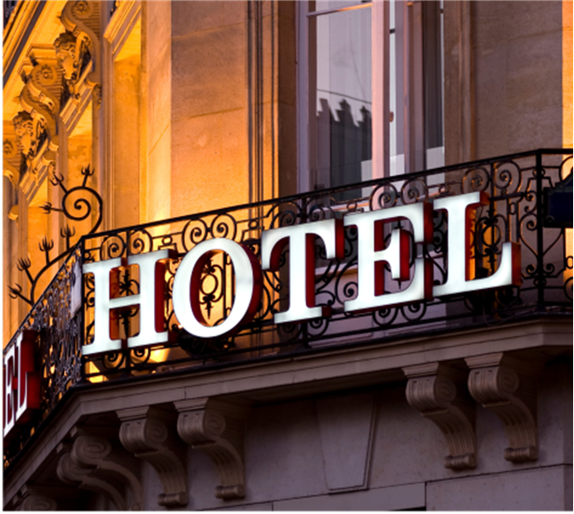 Stylish boutique hotel lobby with warm lighting