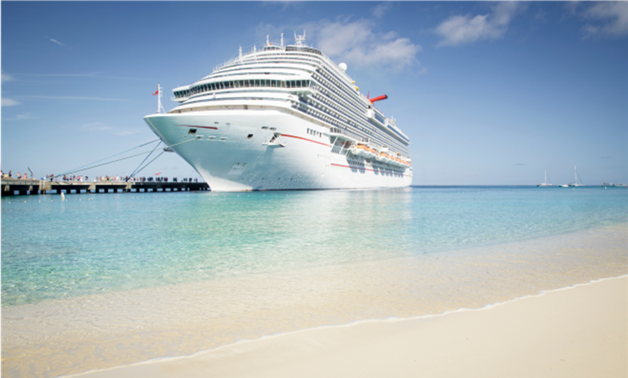 Ocean cruise ship sailing along a sunny coastline